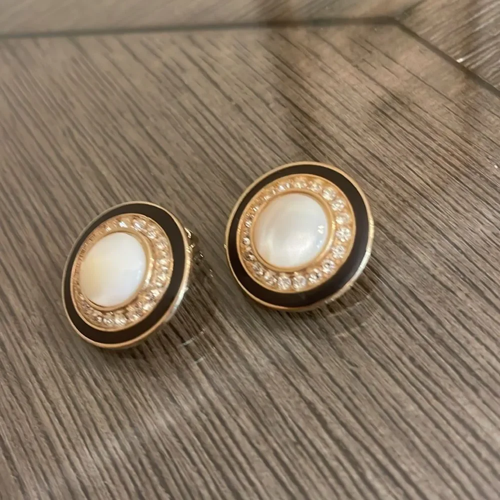 Vintage Button Clip Earrings, Black Enamel and Mother of Pearl Center